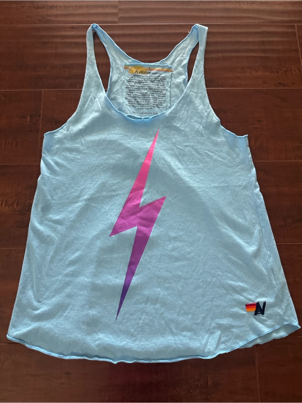 Aviator Nation Light Blue Racerback Tank with Pink-Purple Lightning Bolt